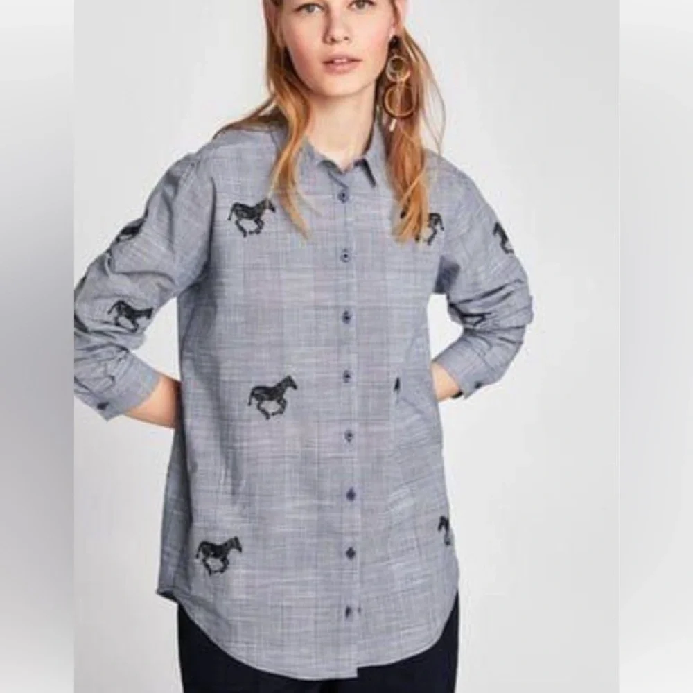 Zara Plaid Zebra Embroidered Button down Shirt
